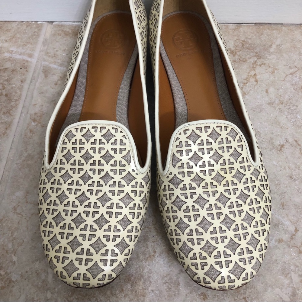 Tory Burch Cream Perforated Leather Cap Toe Flats